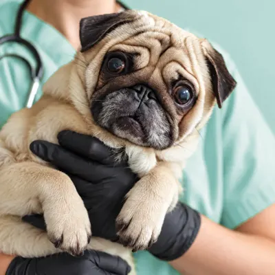 Cão pug no colo de uma veterinária